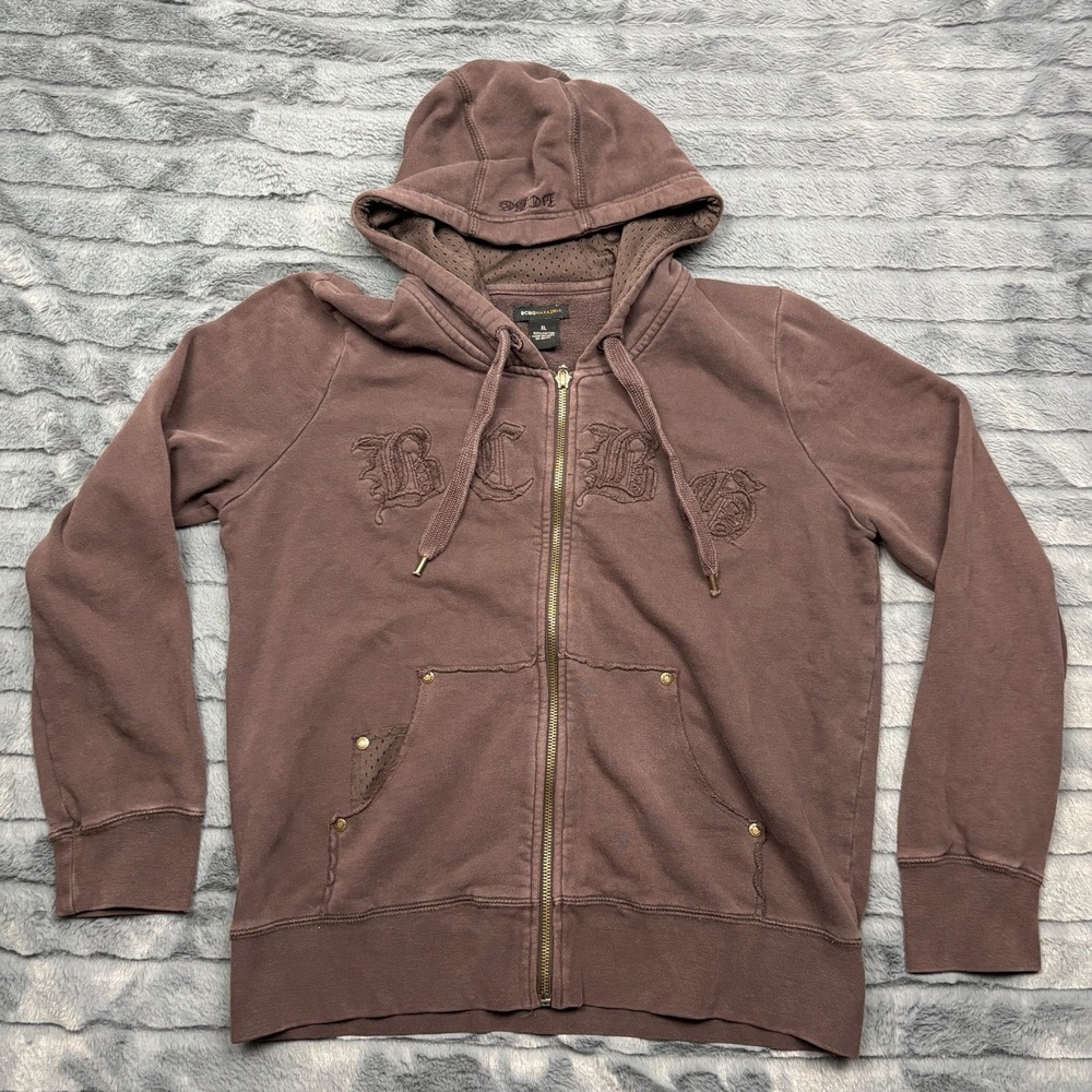 BCBGMAXAZRIA Womens Brown Embroidered Full Zip Hoodie Sweatshirt XL 9704